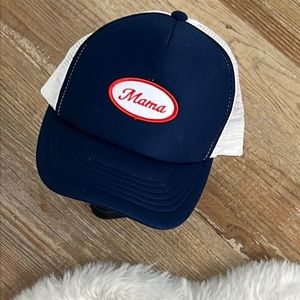 “Mama” Trucker hat, blue, white and red.